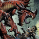 A red dragon appears to roar in the face of a sword-wielding warrior and an enchantress casting a spell.